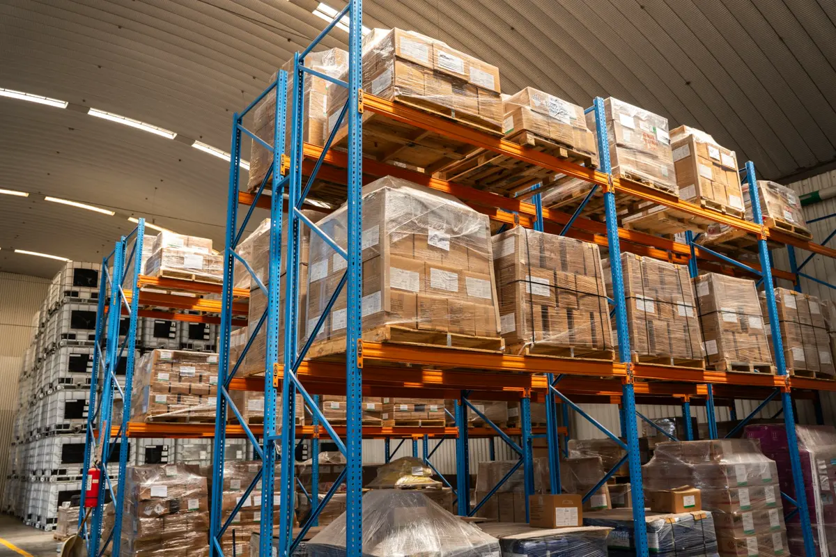 CTL storage racks with palletized, wrapped product